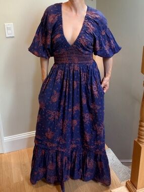 Free People Navy Maxi Dress with Rust Floral Motif